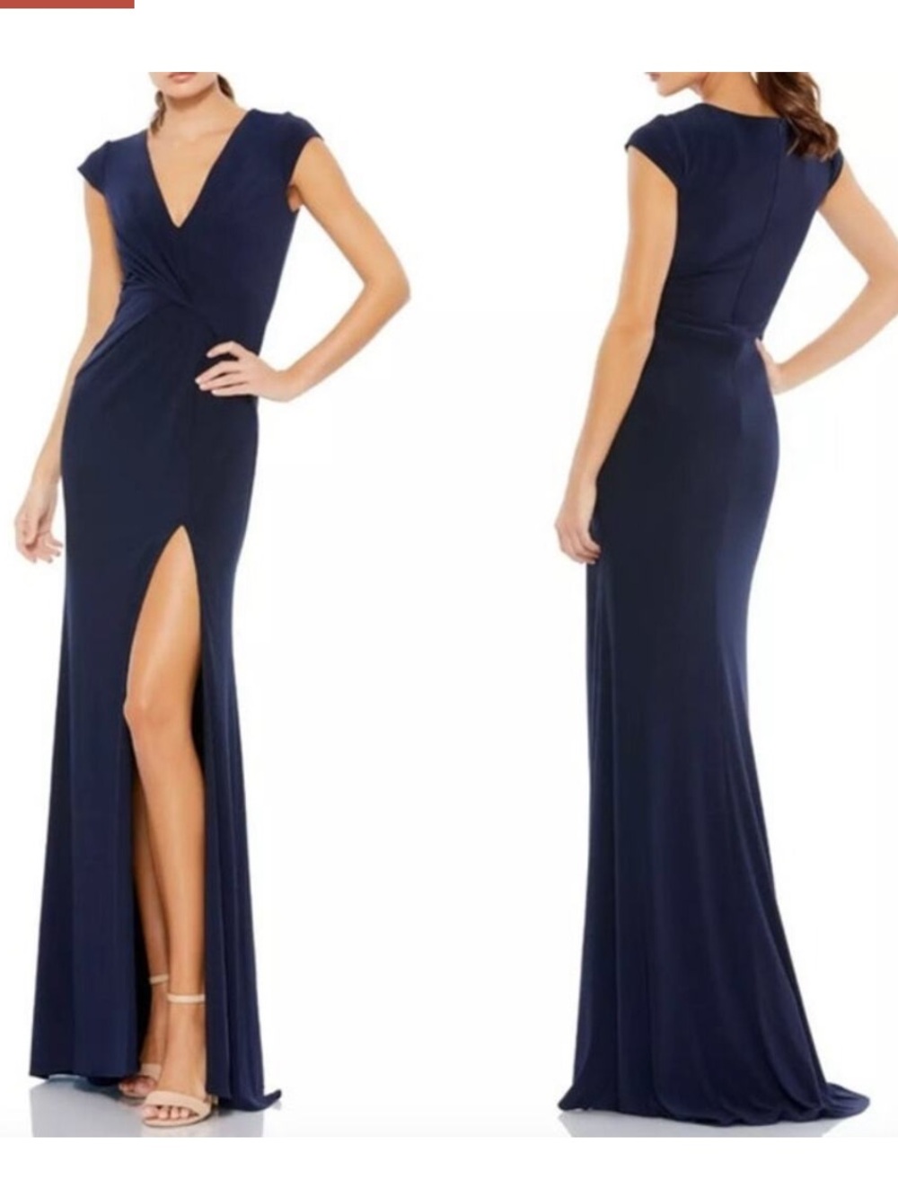 Mac Duggal Navy V-Neck Twist Maxi Gown with Thigh Slit